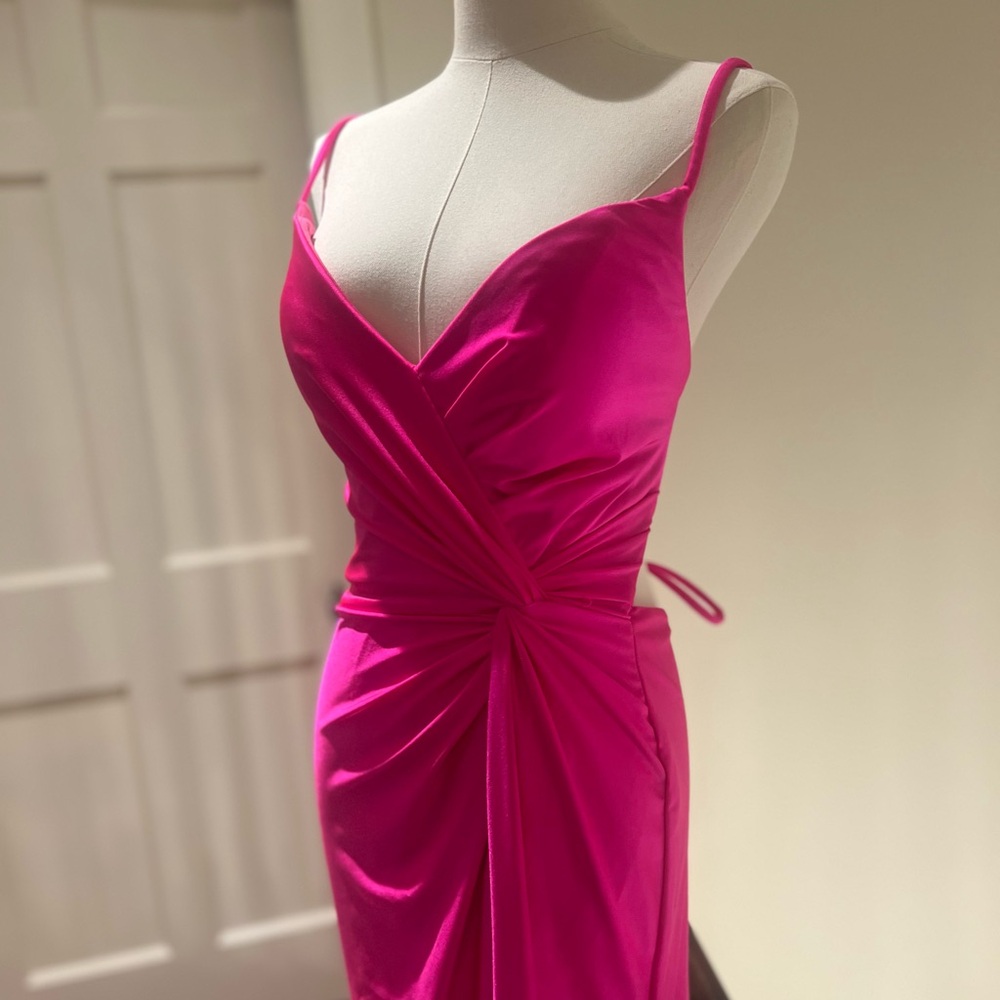 Bright Pink Formal Dress with Knot Waist and Lace Up Back